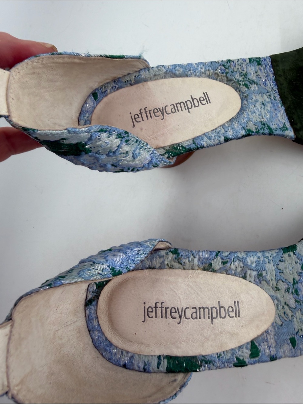Jeffrey Campbell Purdy Blue Fabric Floral -SZ 8- Green Suede Block Heels Sandals - Picture 10 of 14